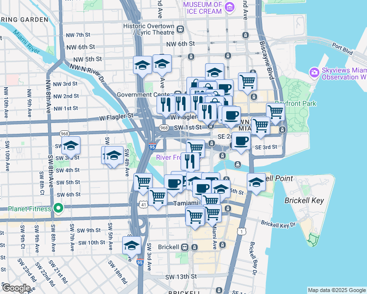 map of restaurants, bars, coffee shops, grocery stores, and more near 251 Southwest 1st Street in Miami