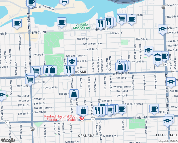 map of restaurants, bars, coffee shops, grocery stores, and more near 20 Northwest 50th Avenue in Miami