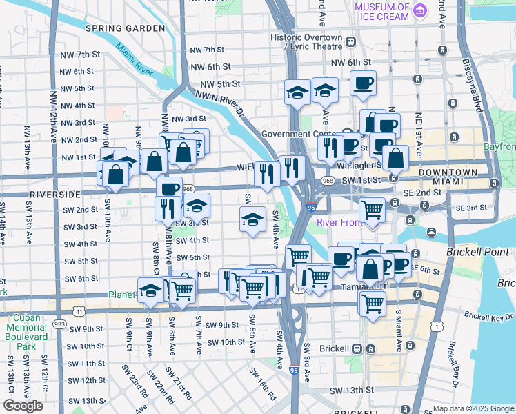 map of restaurants, bars, coffee shops, grocery stores, and more near 452 Southwest 2nd Street in Miami
