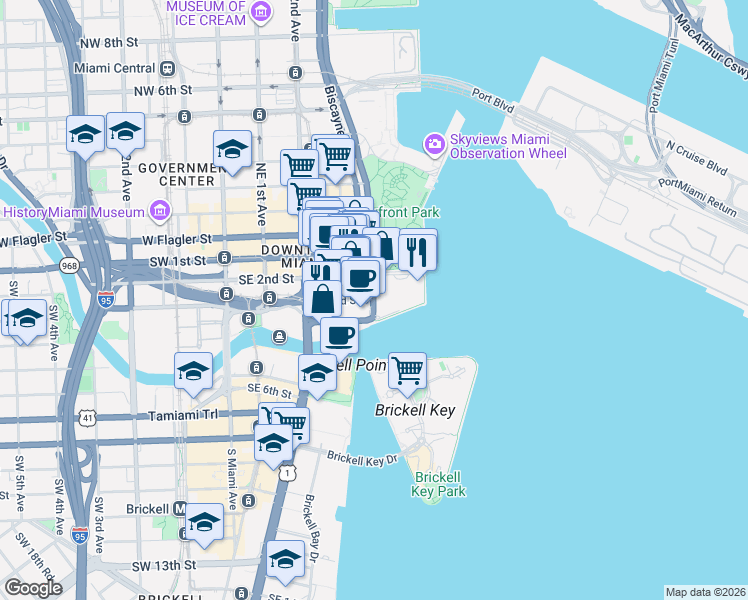 map of restaurants, bars, coffee shops, grocery stores, and more near 405 South Biscayne Boulevard in Miami