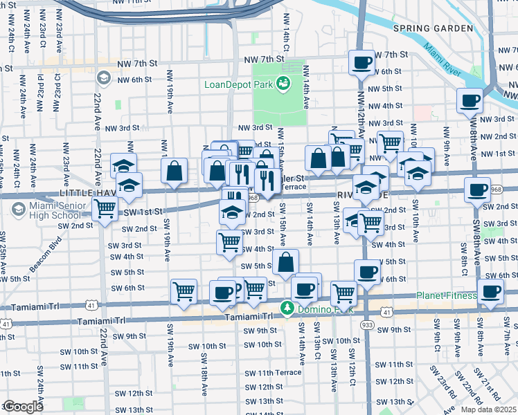 map of restaurants, bars, coffee shops, grocery stores, and more near 1609 Southwest 2nd Street in Miami