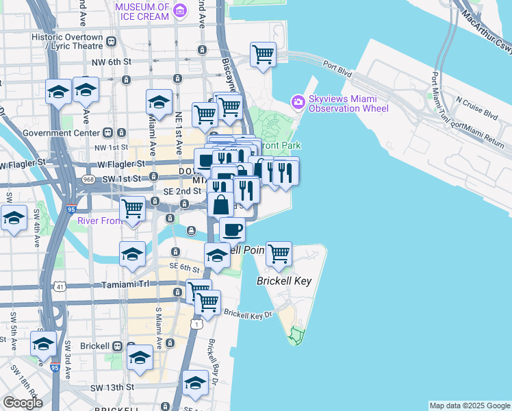 map of restaurants, bars, coffee shops, grocery stores, and more near 355 South Biscayne Boulevard in Miami