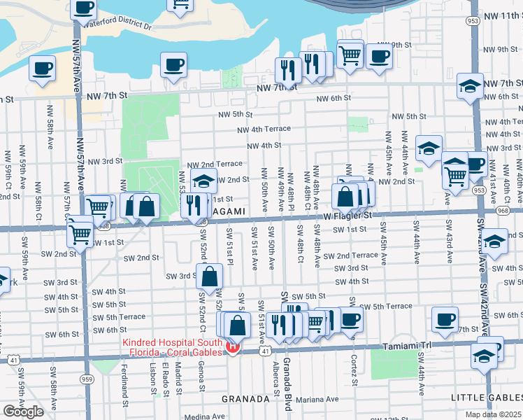 map of restaurants, bars, coffee shops, grocery stores, and more near 20 Northwest 50th Avenue in Miami