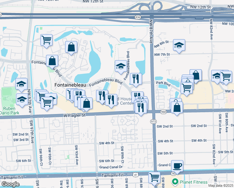 map of restaurants, bars, coffee shops, grocery stores, and more near 8860 Fontainebleau Boulevard in Miami