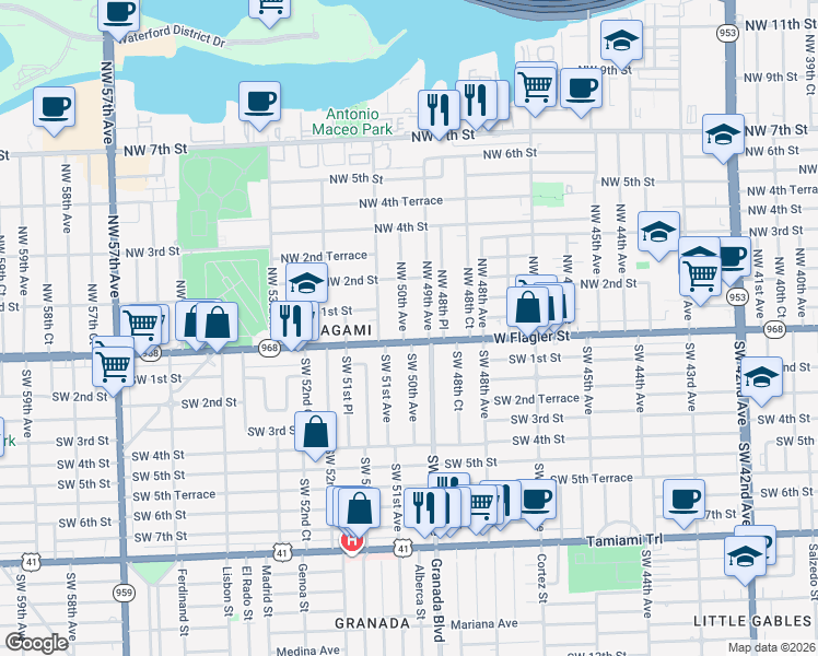 map of restaurants, bars, coffee shops, grocery stores, and more near 20 Northwest 50th Avenue in Miami
