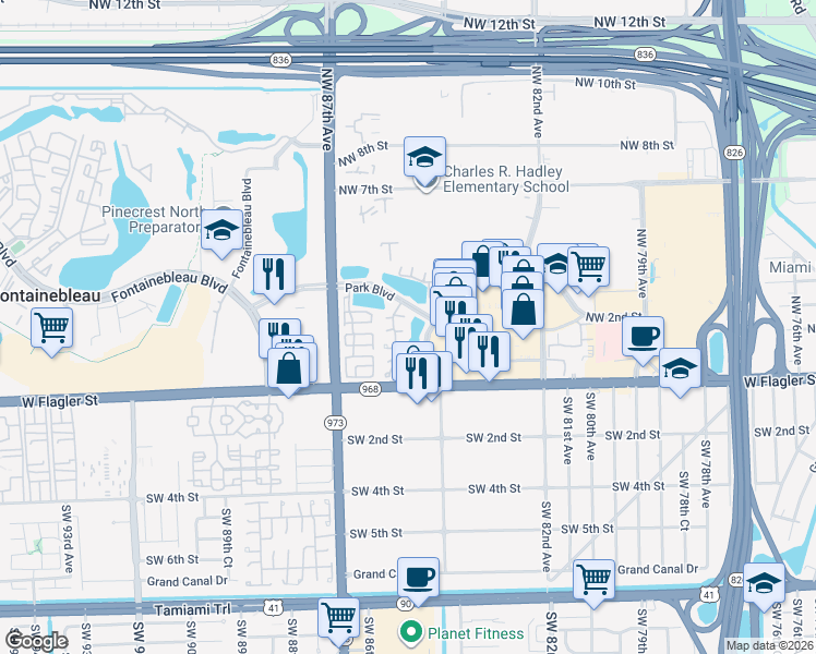 map of restaurants, bars, coffee shops, grocery stores, and more near 157 Northwest 85th Court in Miami