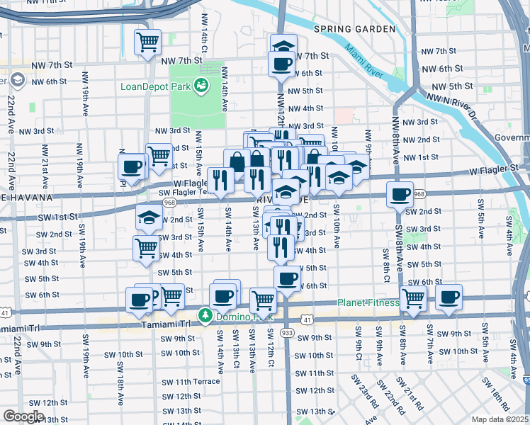 map of restaurants, bars, coffee shops, grocery stores, and more near 1250 Southwest 2nd Street in Miami