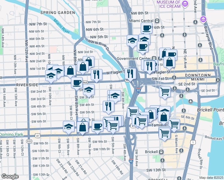 map of restaurants, bars, coffee shops, grocery stores, and more near 444 Southwest 2nd Street in Miami