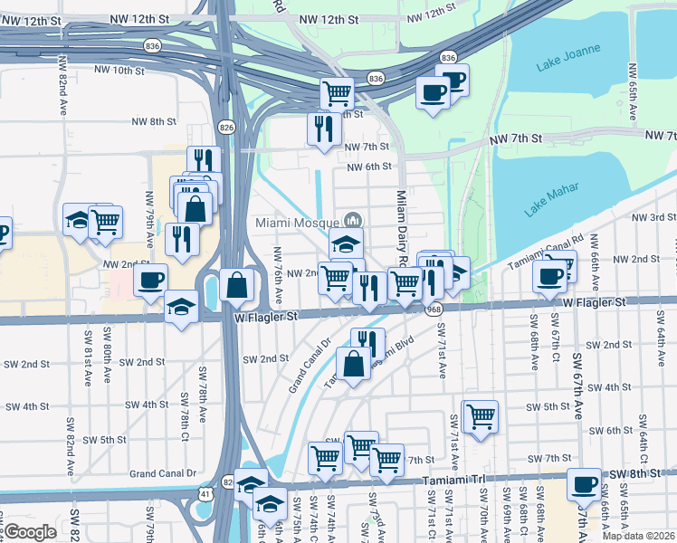 map of restaurants, bars, coffee shops, grocery stores, and more near 77 Northwest 74th Avenue in Miami