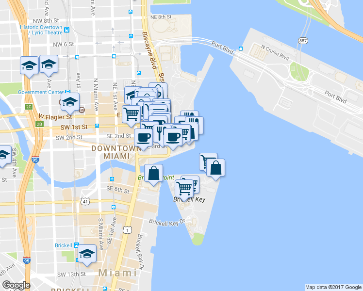 map of restaurants, bars, coffee shops, grocery stores, and more near 325 South Biscayne Boulevard in Miami
