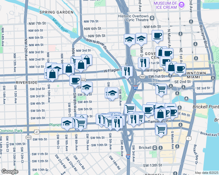 map of restaurants, bars, coffee shops, grocery stores, and more near 444 Southwest 2nd Street in Miami