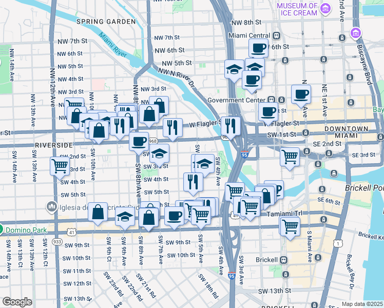 map of restaurants, bars, coffee shops, grocery stores, and more near 536 Southwest 2nd Street in Miami
