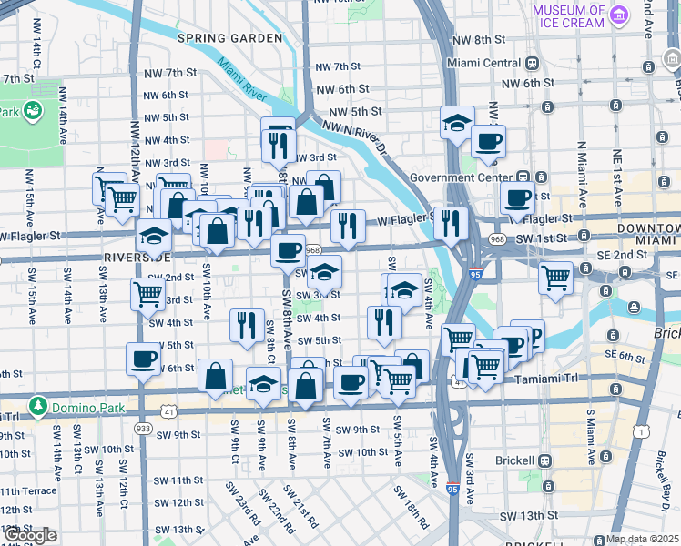 map of restaurants, bars, coffee shops, grocery stores, and more near 634 Southwest 2nd Street in Miami