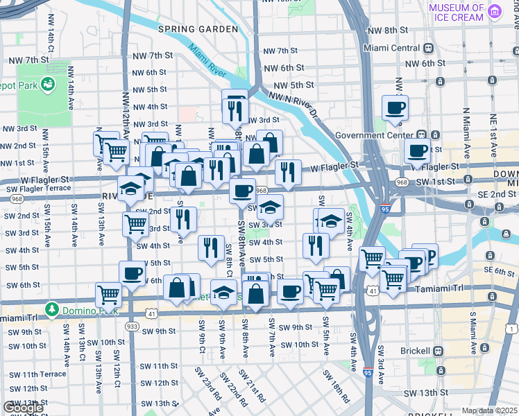 map of restaurants, bars, coffee shops, grocery stores, and more near 728 Southwest 2nd Street in Miami