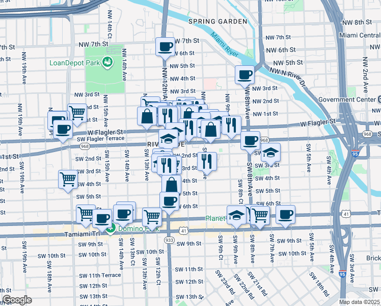 map of restaurants, bars, coffee shops, grocery stores, and more near 1054 Southwest 2nd Street in Miami