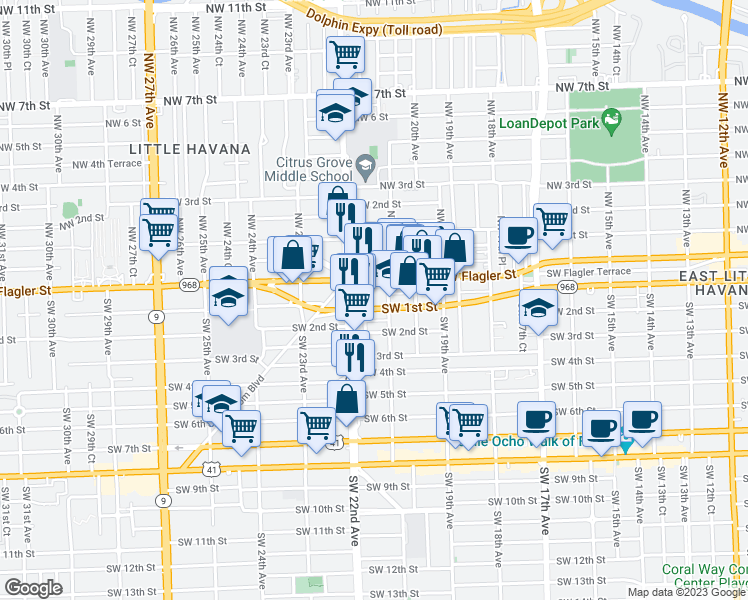 map of restaurants, bars, coffee shops, grocery stores, and more near 2140 West Flagler Street in Miami