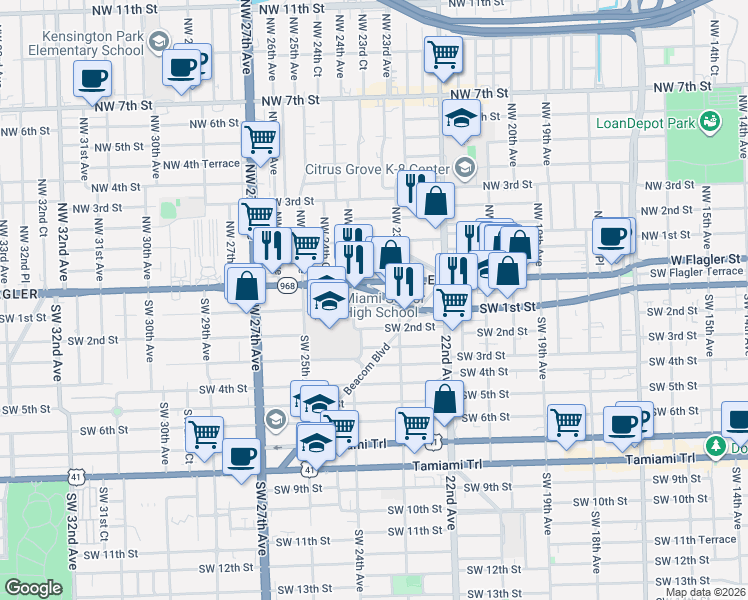 map of restaurants, bars, coffee shops, grocery stores, and more near 2326 Southwest 1st Street in Miami