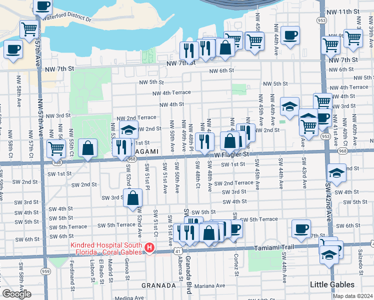 map of restaurants, bars, coffee shops, grocery stores, and more near 10 Northwest 48th Place in Miami