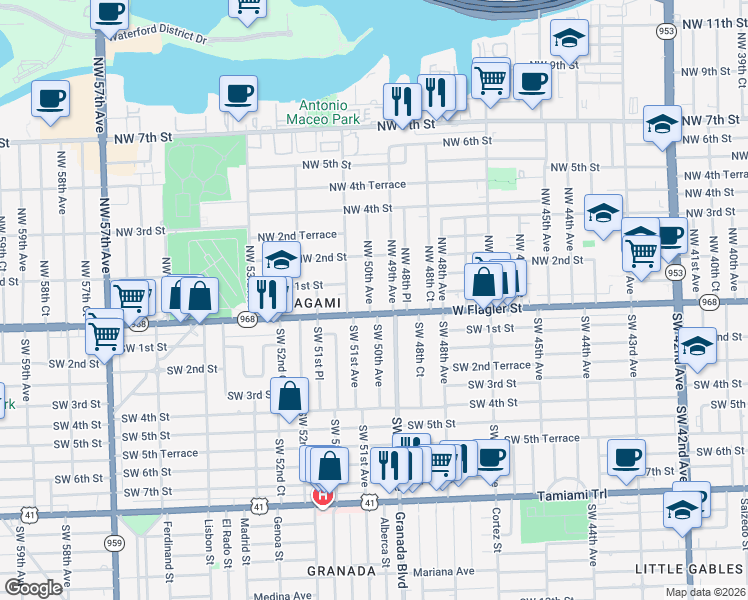 map of restaurants, bars, coffee shops, grocery stores, and more near 20 Northwest 50th Avenue in Miami
