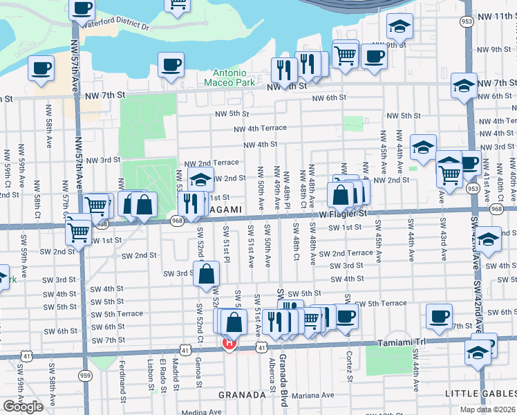 map of restaurants, bars, coffee shops, grocery stores, and more near 20 Northwest 50th Avenue in Miami