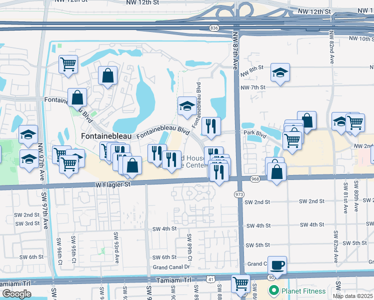 map of restaurants, bars, coffee shops, grocery stores, and more near 8860 Fontainebleau Boulevard in Miami