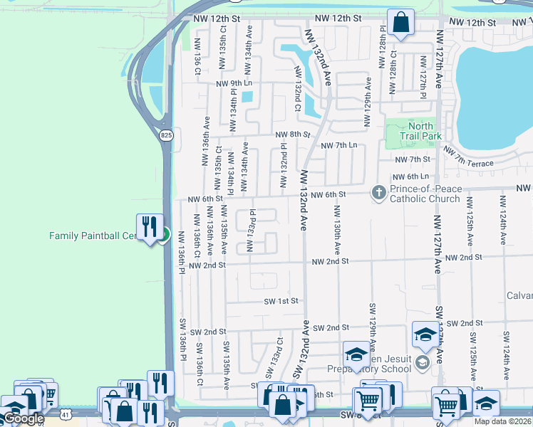 map of restaurants, bars, coffee shops, grocery stores, and more near 13255 Northwest 4th Terrace in Miami
