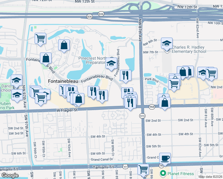 map of restaurants, bars, coffee shops, grocery stores, and more near 8860 Fontainebleau Boulevard in Miami