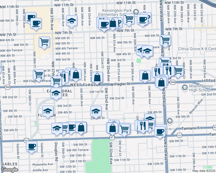 map of restaurants, bars, coffee shops, grocery stores, and more near 20 Southwest 31st Court in Miami