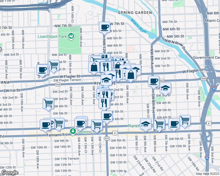 map of restaurants, bars, coffee shops, grocery stores, and more near 1153 Southwest 2nd Street in Miami