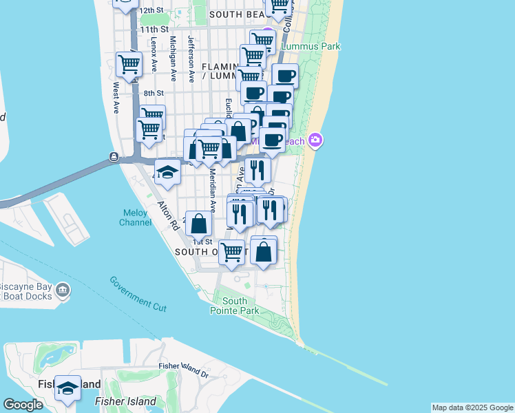 map of restaurants, bars, coffee shops, grocery stores, and more near 226 Ocean Court in Miami Beach