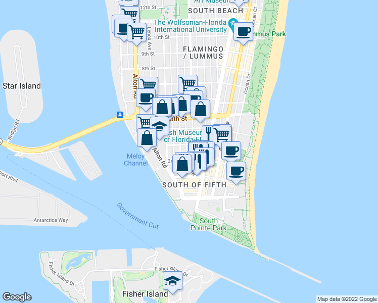 map of restaurants, bars, coffee shops, grocery stores, and more near 220 Meridian Avenue in Miami Beach