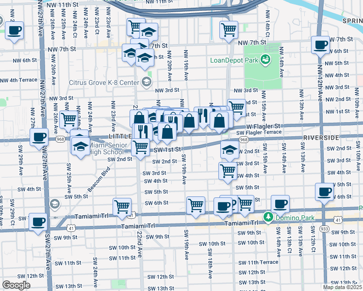 map of restaurants, bars, coffee shops, grocery stores, and more near 1990 Southwest 1st Street in Miami