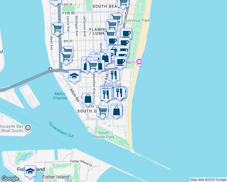 map of restaurants, bars, coffee shops, grocery stores, and more near 226 Ocean Court in Miami Beach