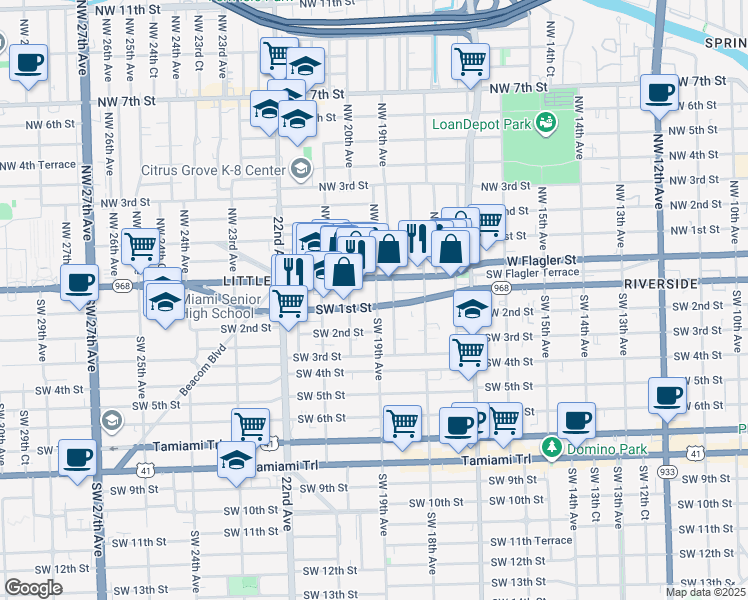 map of restaurants, bars, coffee shops, grocery stores, and more near 1990 Southwest 1st Street in Miami