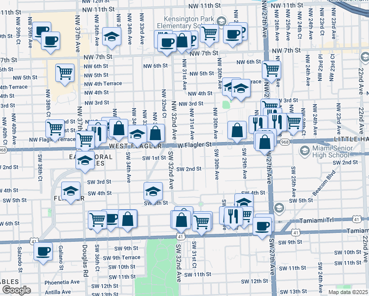 map of restaurants, bars, coffee shops, grocery stores, and more near 20 Southwest 31st Court in Miami