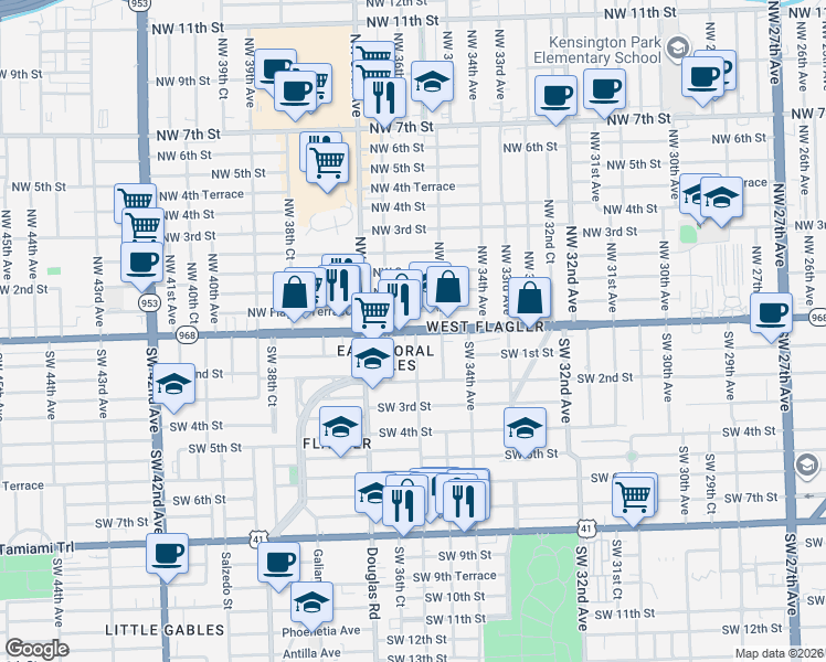 map of restaurants, bars, coffee shops, grocery stores, and more near West Flagler Street in Miami