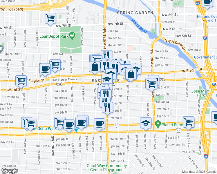 map of restaurants, bars, coffee shops, grocery stores, and more near 1153 Southwest 2nd Street in Miami