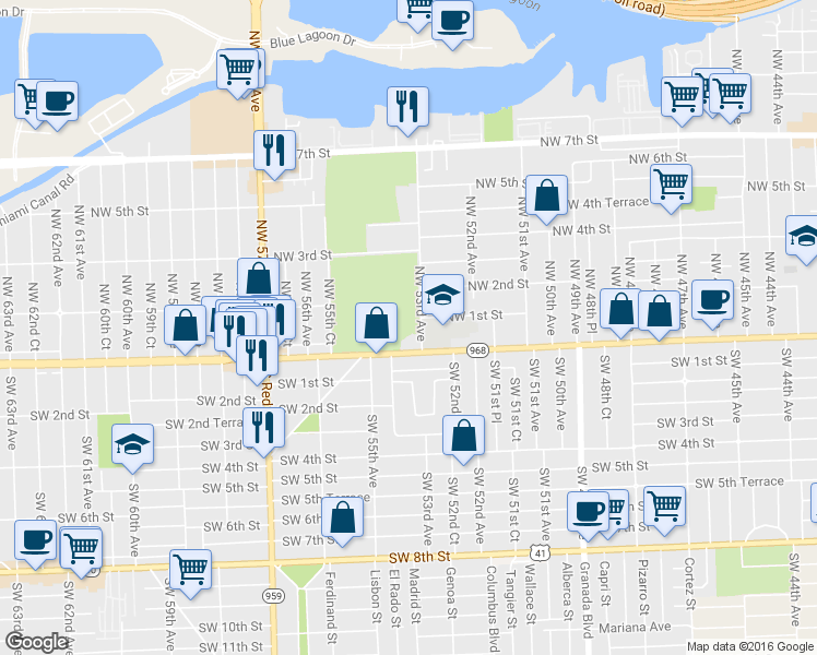map of restaurants, bars, coffee shops, grocery stores, and more near 5305 W Flagler St in Coral Gables