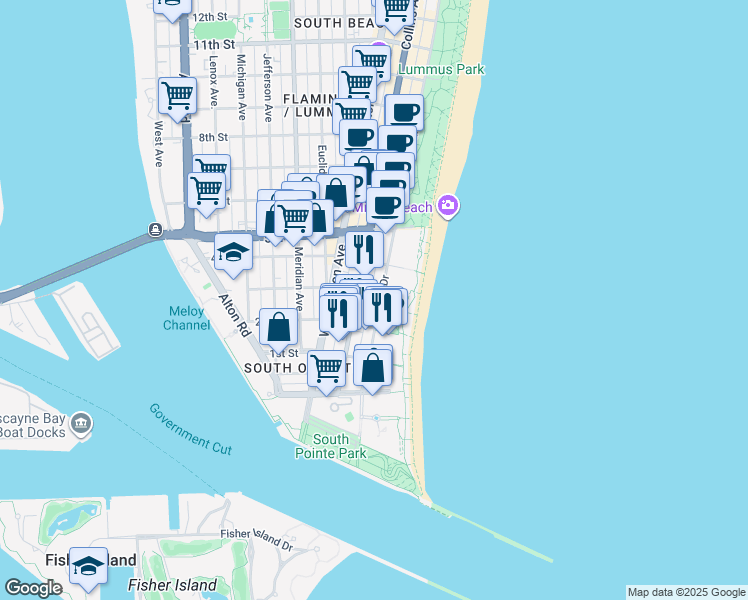 map of restaurants, bars, coffee shops, grocery stores, and more near 226 Ocean Court in Miami Beach