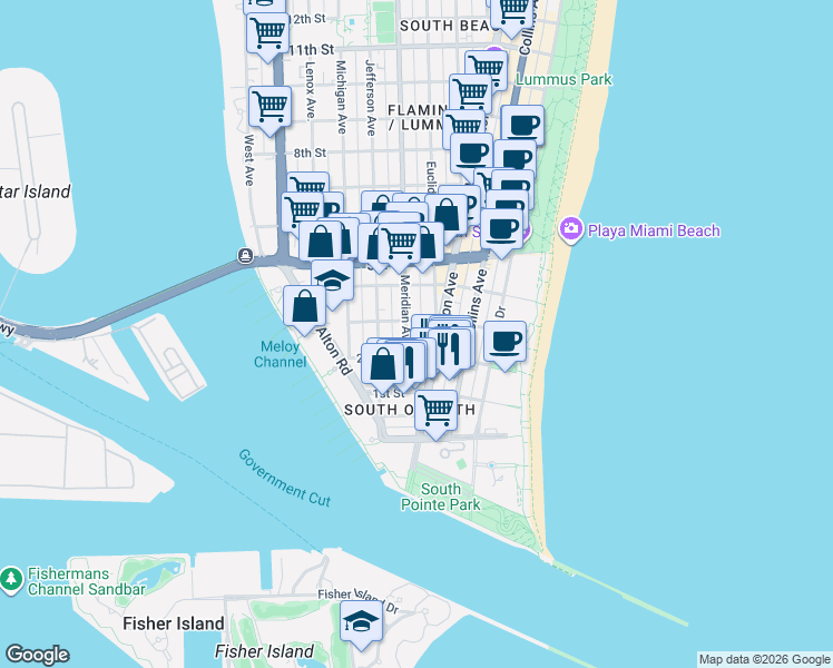 map of restaurants, bars, coffee shops, grocery stores, and more near in Miami Beach