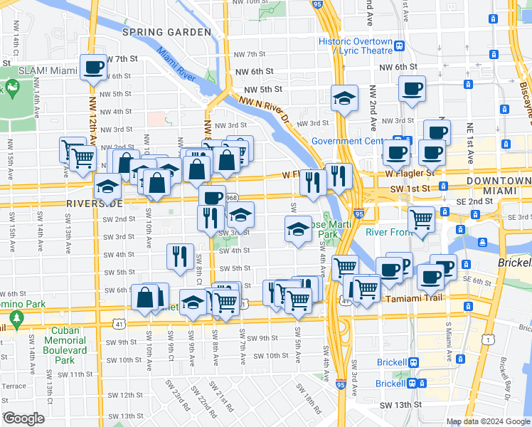 map of restaurants, bars, coffee shops, grocery stores, and more near 634 Southwest 2nd Street in Miami
