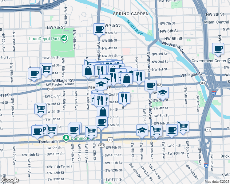 map of restaurants, bars, coffee shops, grocery stores, and more near 1054 Southwest 2nd Street in Miami