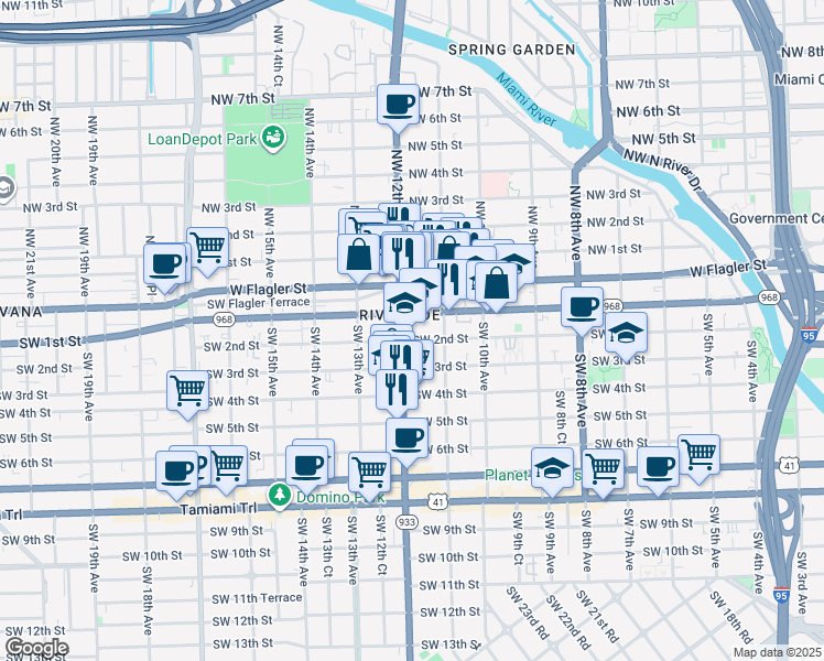 map of restaurants, bars, coffee shops, grocery stores, and more near 1153 Southwest 2nd Street in Miami