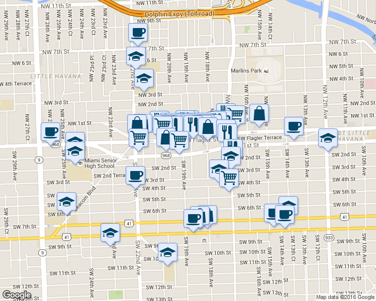 map of restaurants, bars, coffee shops, grocery stores, and more near 1852 Southwest 1st Street in Miami