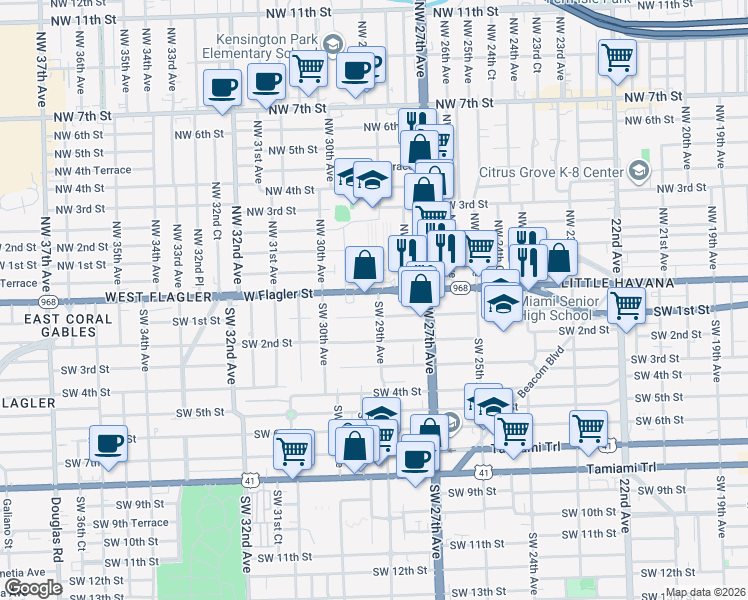 map of restaurants, bars, coffee shops, grocery stores, and more near 2851-2853 Southwest 1st Street in Miami