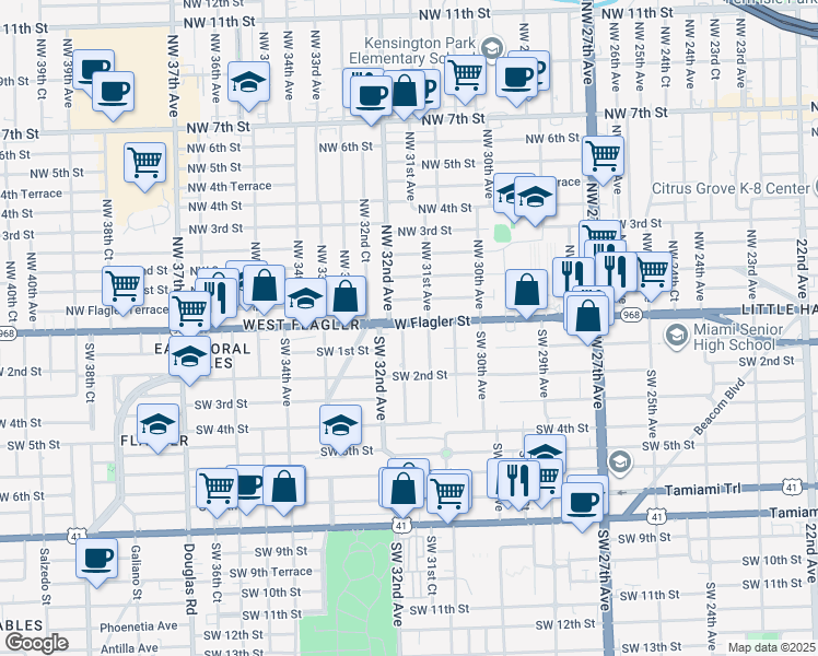 map of restaurants, bars, coffee shops, grocery stores, and more near 20 Southwest 31st Court in Miami