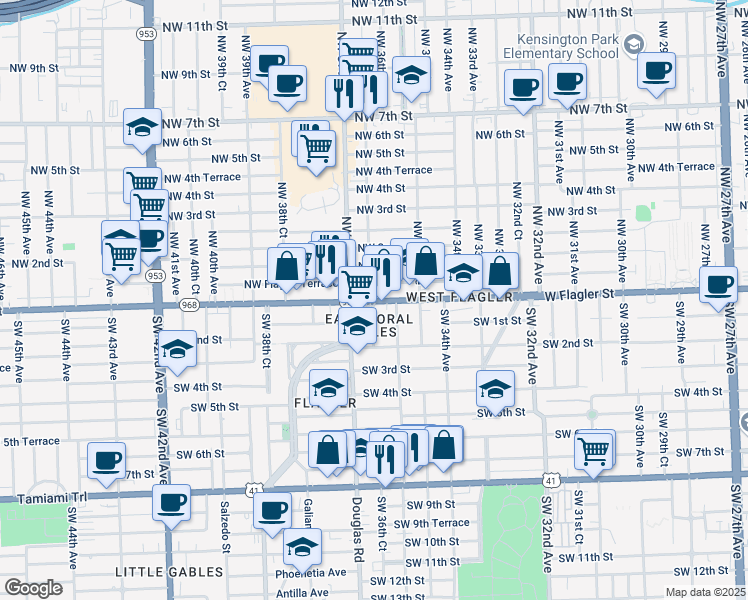 map of restaurants, bars, coffee shops, grocery stores, and more near in Coral Gables