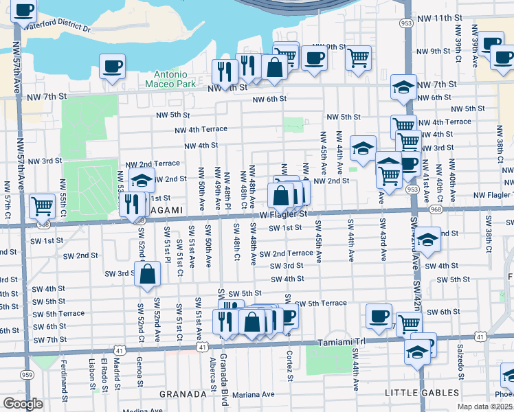 map of restaurants, bars, coffee shops, grocery stores, and more near 3 Northwest 48th Court in Miami