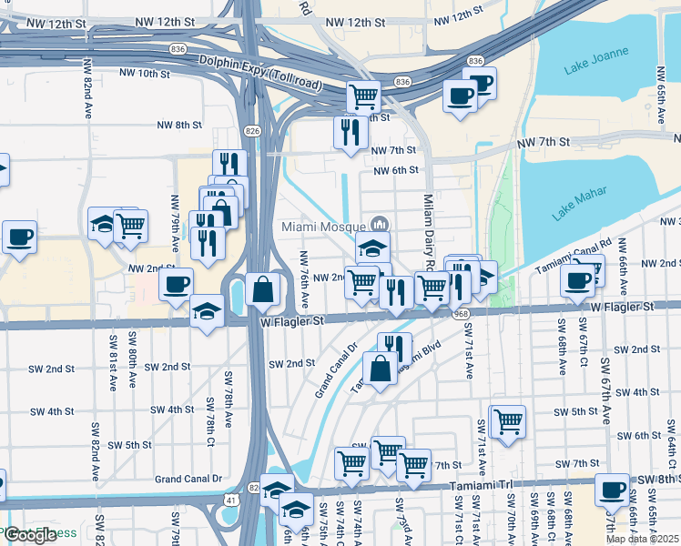 map of restaurants, bars, coffee shops, grocery stores, and more near 77 Northwest 74th Avenue in Miami