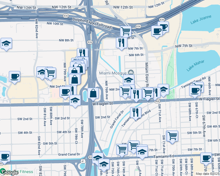 map of restaurants, bars, coffee shops, grocery stores, and more near 7500 Northwest 2nd Street in Miami